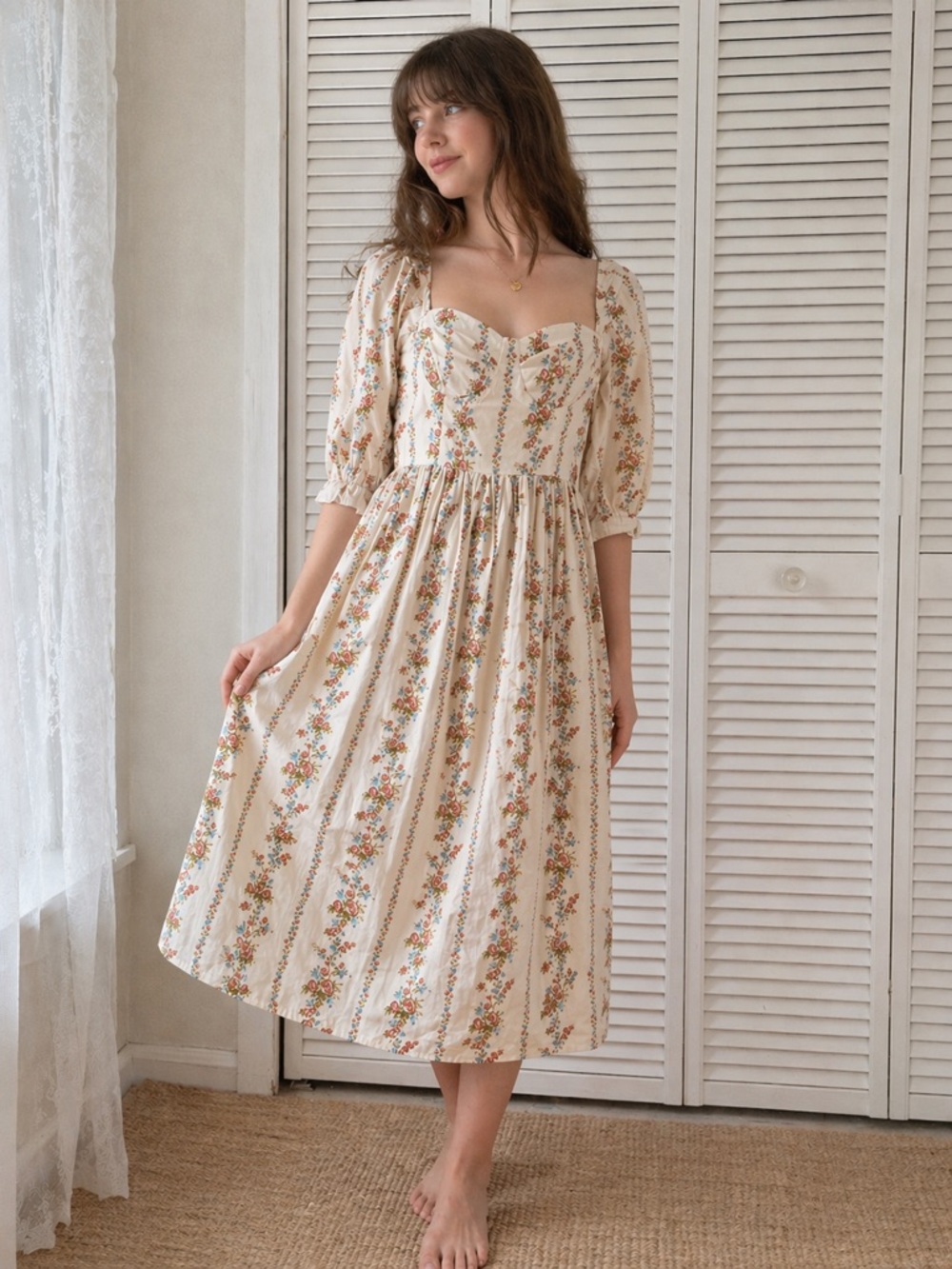 Womens Cottagecore Milkmaid Midi Dress Puff Sleeves White Pink Coquette Prairie